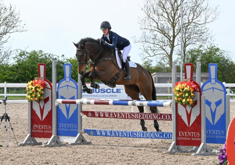 Boogie jumping over an eventus-sponsored fence